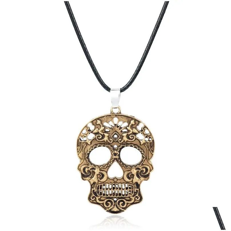 Pendant Necklaces Vintage Gothic Carved Flowers Skl Skeleton Necklace Ceative Design Wax String Punk For Men Drop Delivery Jewelry Pen Dhuhj