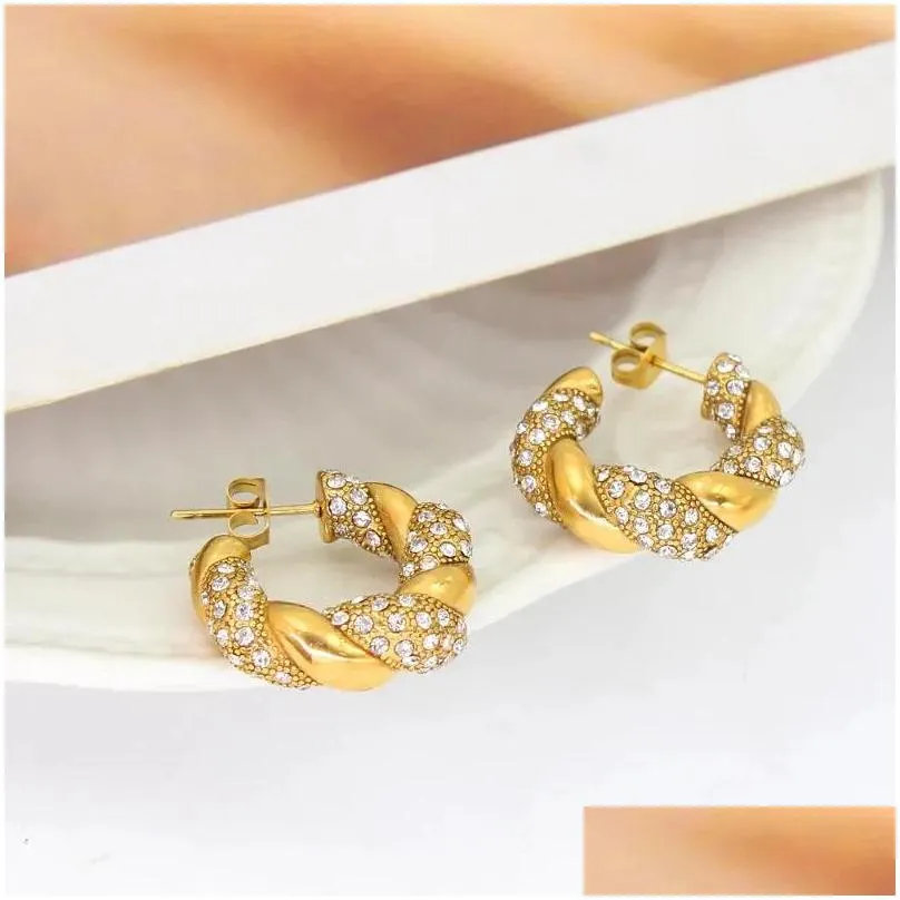 Hoop Earrings 2024 Style 18K Gold Plated Stainless Steel Stylish Bling Crystal Inlaid C-Shaped Ear Jewelry Anti Allergic