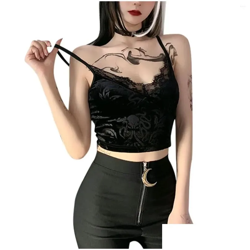 Women`s Tanks Women Casual Sexy Camisole Black Floral Lace Hem V-neck Sleeveless Camis Gothic Crop Tops Ladies Tank Skinny Clubwear