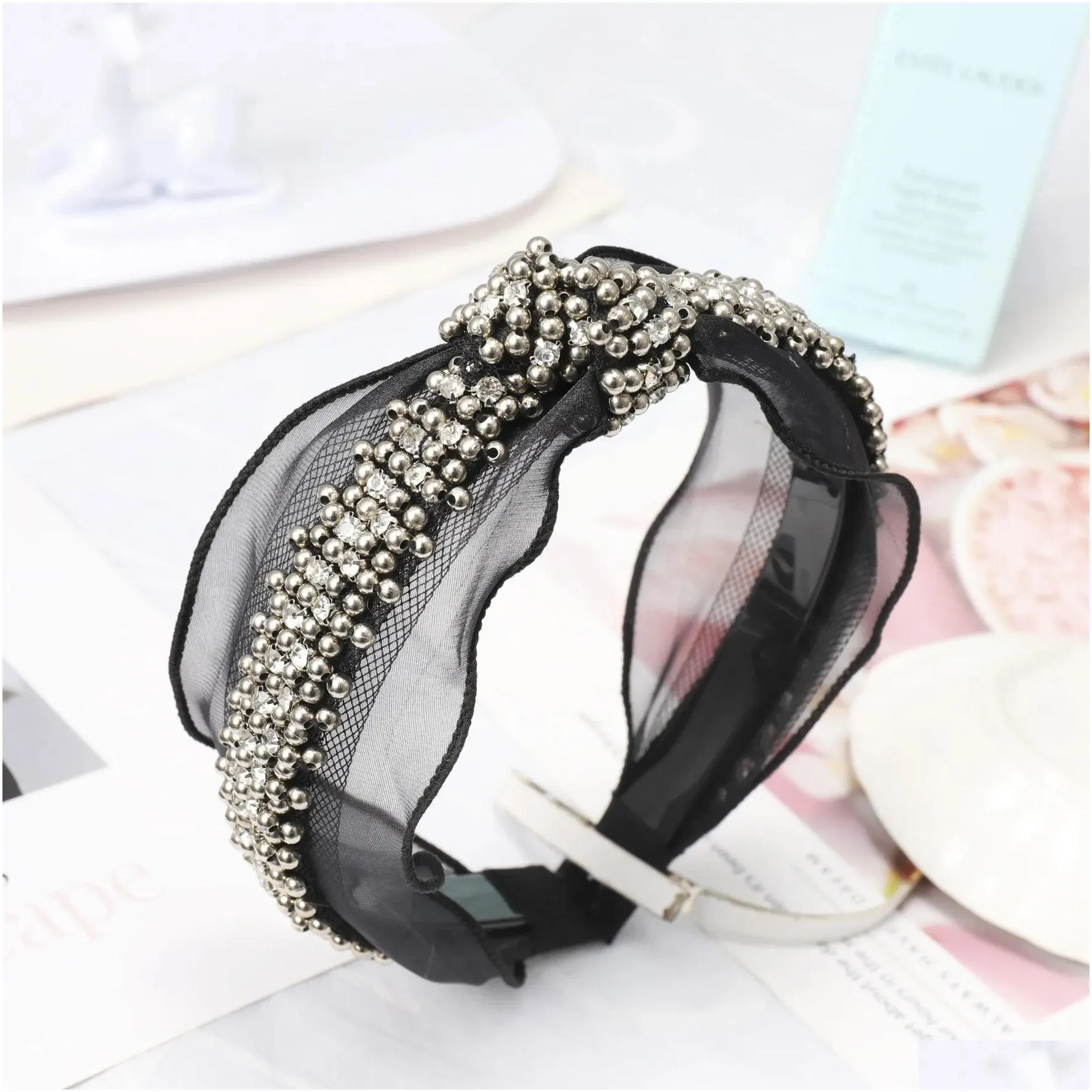 Lace Headband Diamond Pearl Rhinestone Hair Accessories Black Butterfly Boutique Bow Hair Bands For Women Knot Haar Accessoires1538105