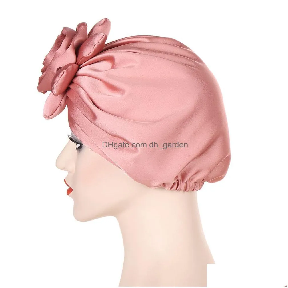 Beanie/Skull Caps New Satin Women King Flower Turban Hair Accessories Wedding Chemo Beanie Hat Ladies Scarf Cap For Loss Fas Dhgarden Dhx4Y
