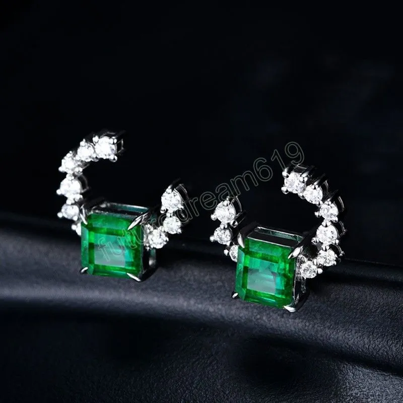 Luxury Simulation Zambia Emerald Earrings Geometric Design 925 Silver Needle Stud Earring Fine Ear Accessories For Women