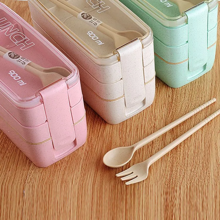900Ml Healthy Material Lunch Box 3 Layer Wheat Straw Bento Boxes Microwave Dinnerware Food Storage Container Lunchbox XJY09