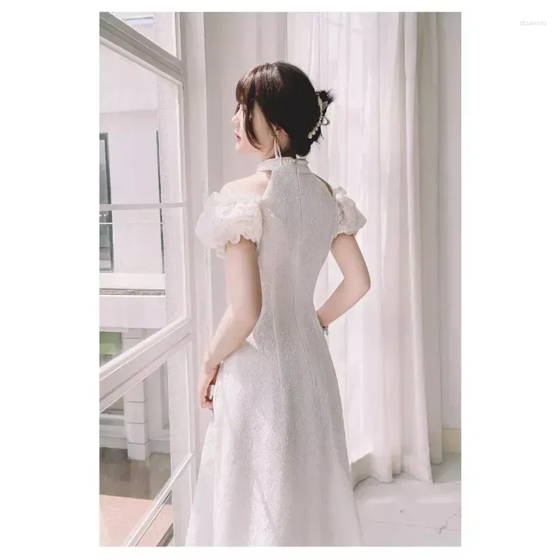 Ethnic Clothing High Quality Off Shoulder Lace Pearl Puff Sleeve Gown Cheongsam Women Sexy Halter Neck Engagement Wedding Party Qipao