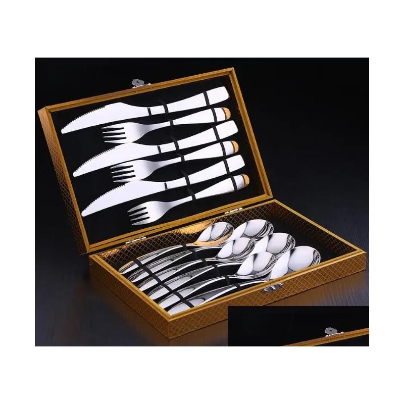 Flatware Sets Stainless Steel Cutlery Set Knife Fork And Spoon Dinnerware With Gift Box Creative Christmas Drop Delivery Home Garden K Dhig8