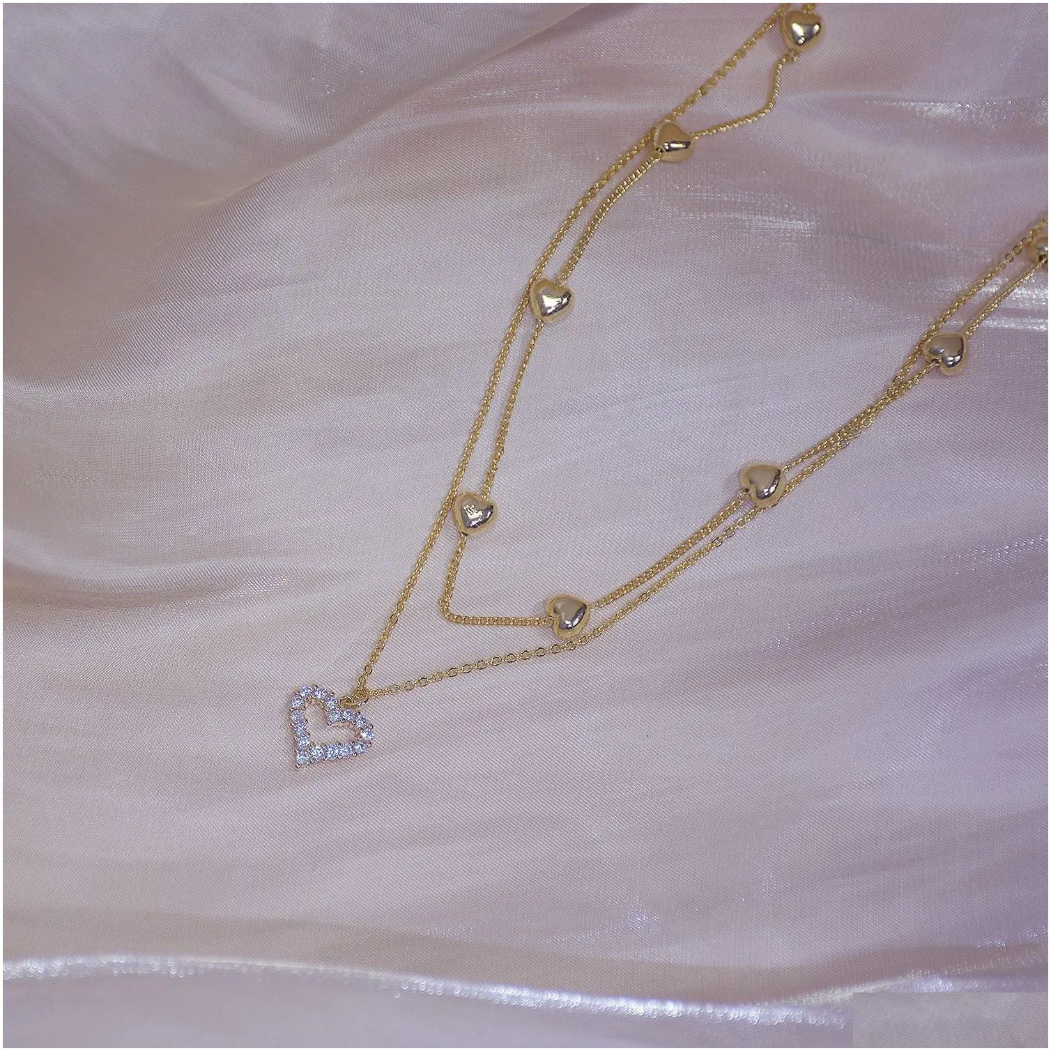 Pendant Necklaces Women Clavicle Chain Elegant Charm Wedding Necklace Gold Color Double Layer Heart Shining Bling Aaa Zircon Jewelry D Dhcj9