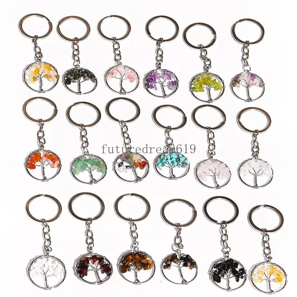 Natural Chip Stone Bead 30mm Round Tree of Life Keychains Bag Car Key Chain Pendant Key Rings