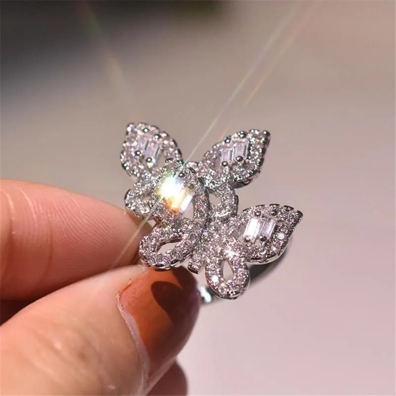 Two Butterflies Zircon Diamonds Rings For Women White Gold Color Wedding Engagement Band Cocktail Party Jewelry Shiny Gifts