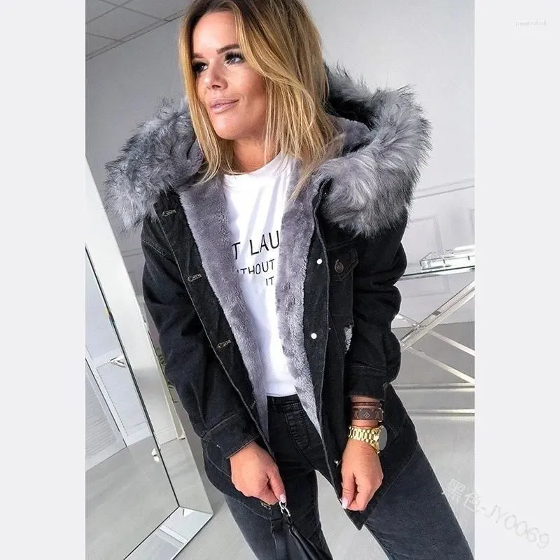 Women`s Jackets European And American Retro Hooded Large Fur Collar Denim Jacket Stylish Casual Warm Mid-length Ripped Distressed