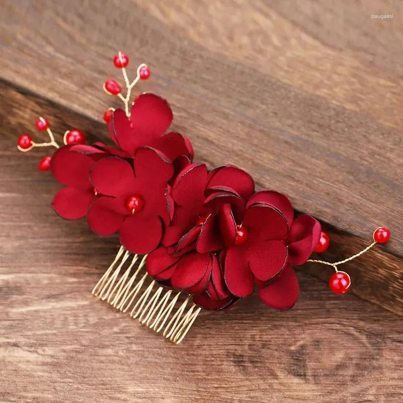 Hair Clips Bride Comb Ornaments Red Flower Handmade Wedding Headdress Women Lady Bridal