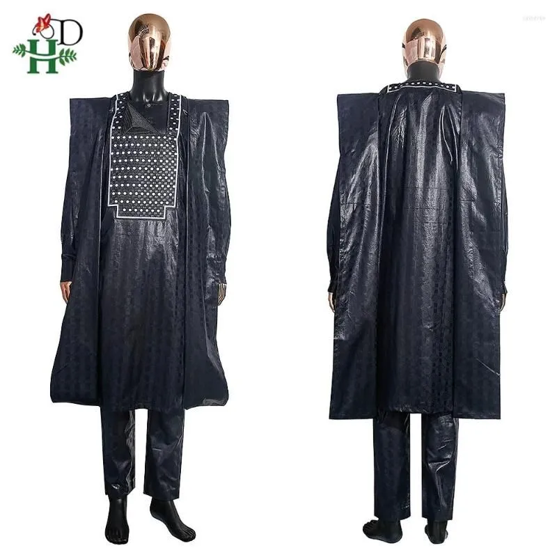 Ethnic Clothing H&D Bazin African Clothes For Men Traditional Embroidery Dashiki Black Long Sleeve Shirt Pants 3 Piece Set Wedding