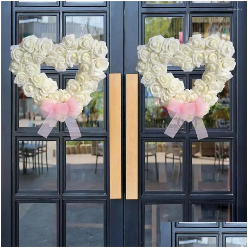 Decorative Flowers Party Wreath Realistic Rose Flower With Bow-knot For Wedding Love Heart Front Door Decoration Artificial Home