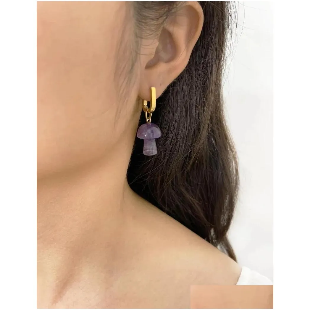Hoop Earrings GHIDBK 6 Colors Gold Plated Natural Healing Stone Mushroom Pendant Stainless Steel Jewelry Waterproof
