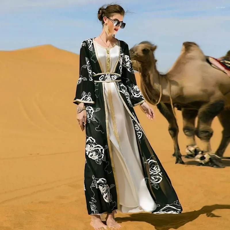 Ethnic Clothing 2 Pieces Set Open Abaya Embroidery Sleeveless Maxi Dress Outfits Muslim Women Kimono Jalabiya Belted Kaftan Dubai