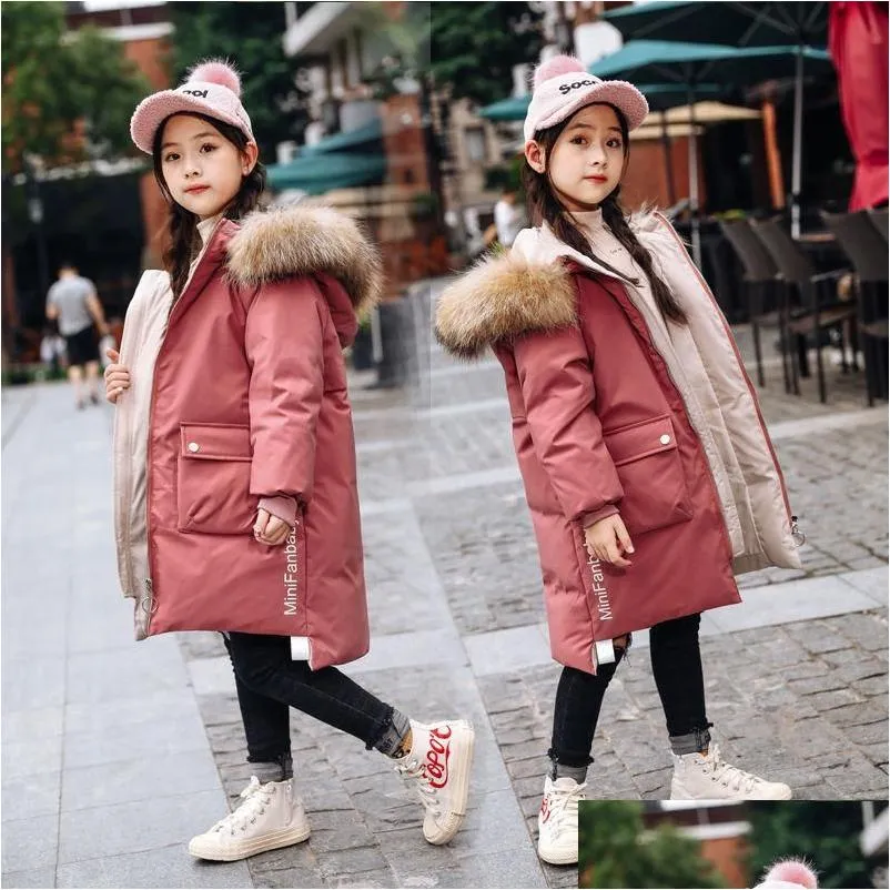 Down Coat 2021 Girl Clothing Winter Warm Hooded Jacket Cotton-padded Long Clothes Children Thicken Parka Overcoat Faux Fur 4-14 Y