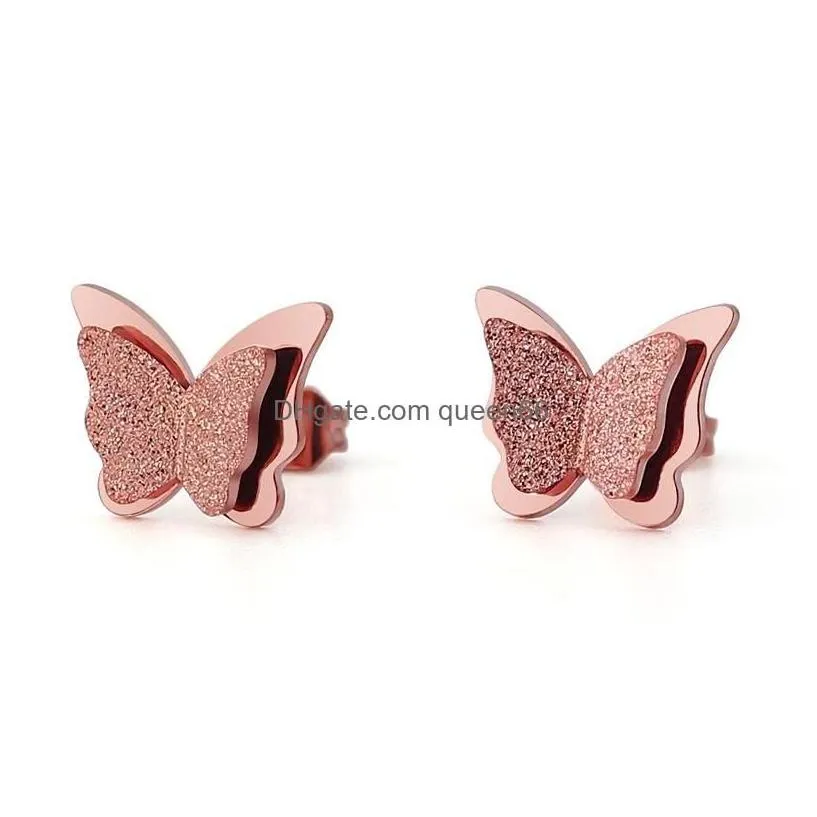 Stud Cute Rose Gold Frosted Butterfly Girls Exquisite Stainless Steel Animal Earring For Women Child Jewelry Gift 1 Pair Drop Delivery