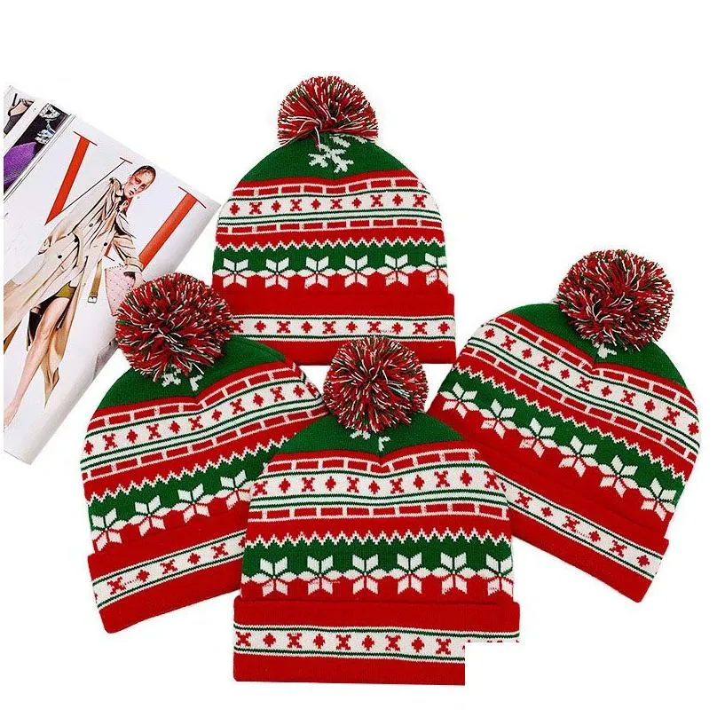 Beanie/Skull Caps Winter Men Womens Warm Beanie Green And Red Snowflake Couples Ribbed Hat Thick Knitted Christmas Gift Drop Delivery Dhbtb