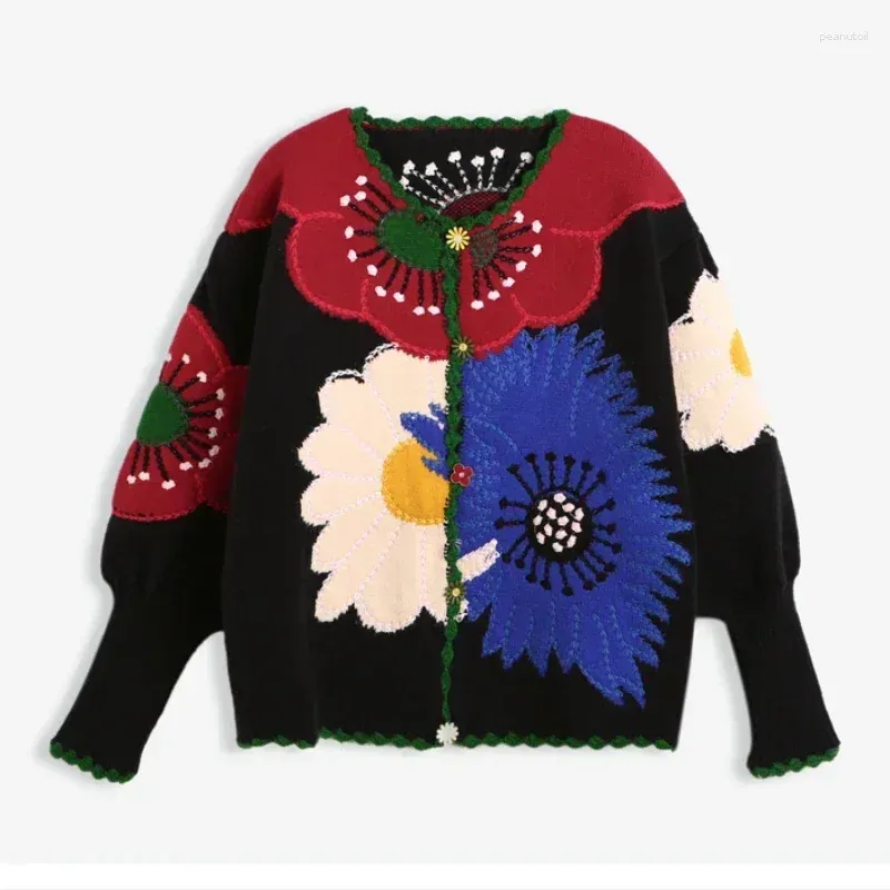 Women`s Down Vintage Flower Embroidery Knitted Top High Quality Women Fashion Cardigan 2024 Autumn/Winter In Chic Sweater Coat