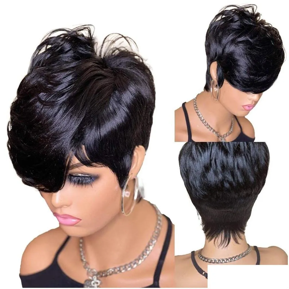 Short Bob Wig Human Hair Pixie Cut Wig for Black Women None Lace Front Wig with Bangs Layered Wavy Full Machine Made Wig 180%density