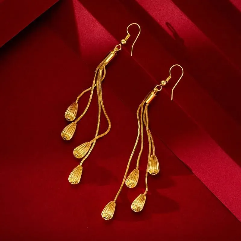 Earrings Gold Wheat Tassel Earrings Temperament Water Drops Earrings Pendant Bridal True 999 Gold Valentine`s Day Exquisite Jewelry