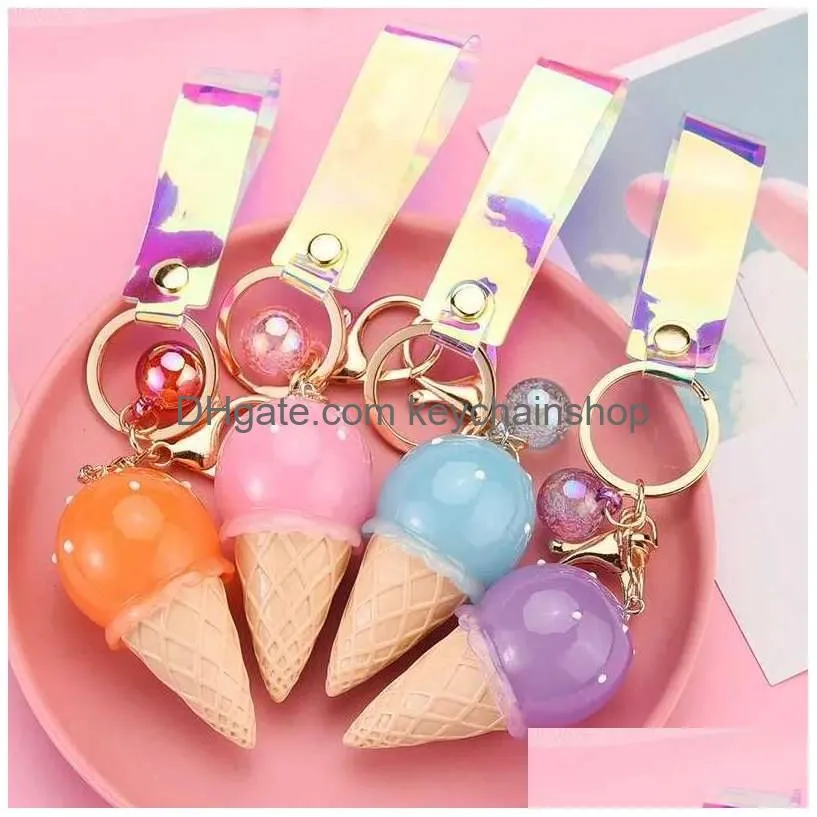 Keychains & Lanyards 2Pcs 3D Ice Cream Resin Keychain With Led Light Glow Keyring Bag Pendant Children Toy Promotions Girl Gift R2310 Dhpvk