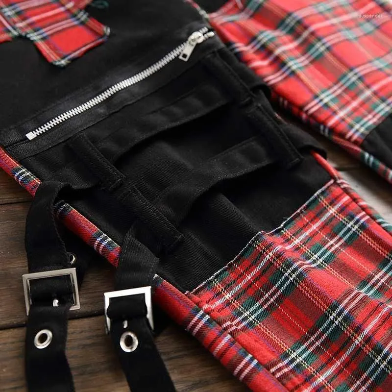 Men`s Jeans Men`s Streetwear Personality Black Red Plaid Patchwork Cross Slim Straight Trendy Multi Fake Zippers Bandage Denim Pants