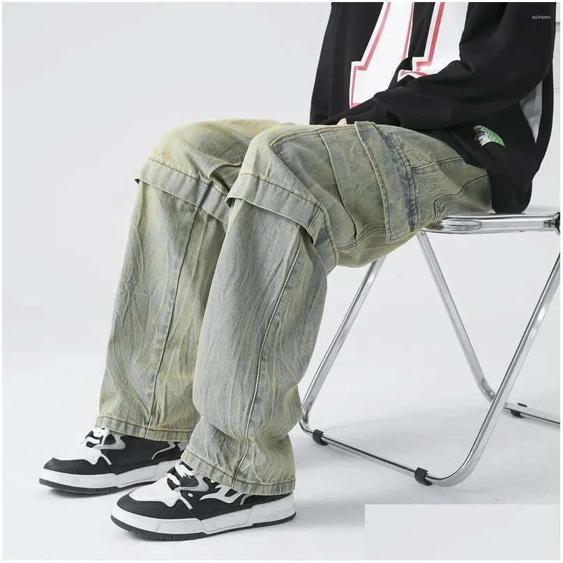 Men`s Jeans Tie Dye Retro Cargo Fashion High Street Wide Leg Hip Hop Splicing Trousers Large Pocket Male Baggy Denim