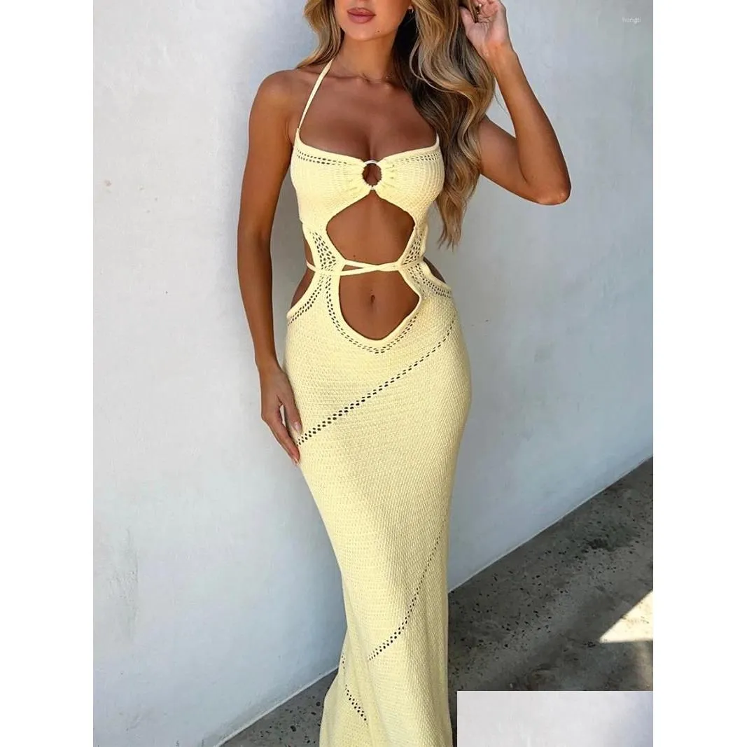 Basic & Casual Dresses Women Hollow Out Y2K Bodycon Mini Dress Cloghet Er Up Knit See Through Beachwear Sundress Drop Delivery Appare Otlgp