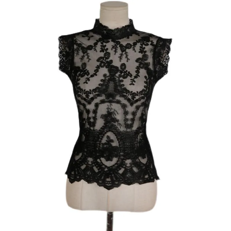 Women`s Blouses & Shirts 2022 Brand Women Fashion Blouse Stand Collar Sleeveless Transparent Lace High Quality Sexy Blusas Rojas Mujer