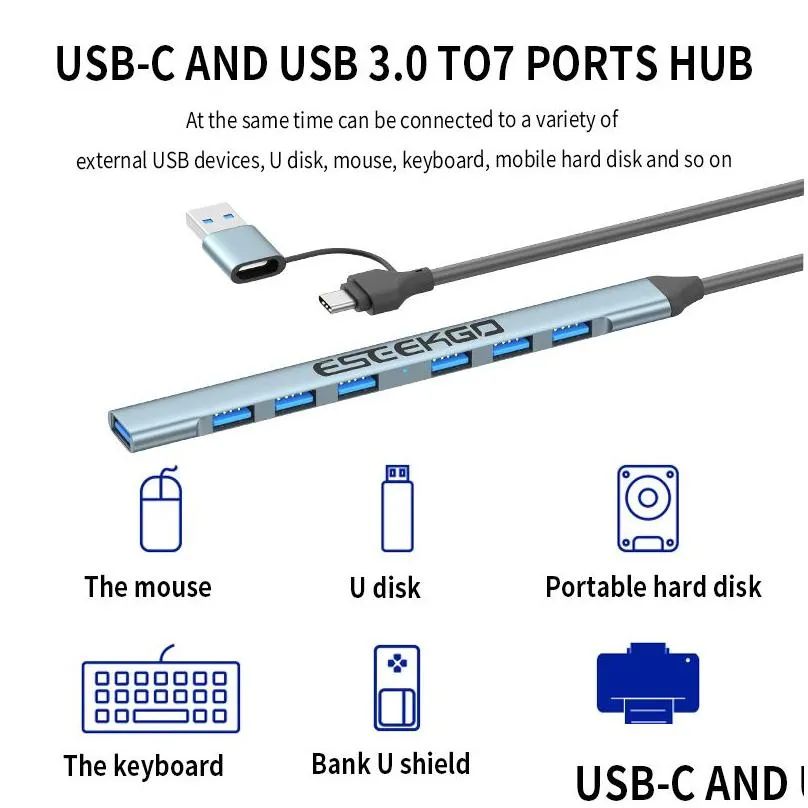 ESEEKGO UAC-9702 USB-C USB3.0 To 7 Ports Hub for Mobile Device 7 in 1 Adapter Portable Hub Splitter with OTG Function Docking Station for Tablet Laptops in Retail