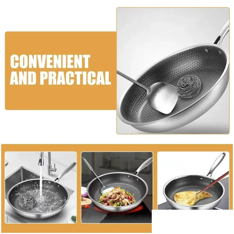 Pans Stainless Steel Wok Non Stick Honeycomb Double Sided Stir-fry Pan Non-stick Cookware Cooker