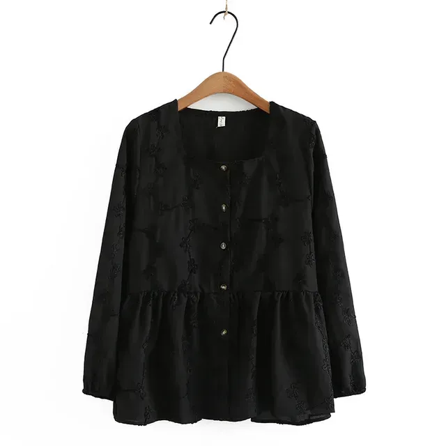 2023 Autumn Clothes Women Shirt Plus Size Stylish Square Collar Loose Cott Jacquard Embroidered Casual Blouses Curve u2Kw#