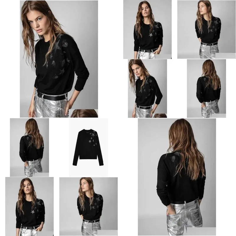 Women`S Sweaters Zadig Voltaire 23Ss Women Designer Sweater Fashion New Love Drilling Black Wool Knitted 100% Cashmere Plover Jumper Otfib
