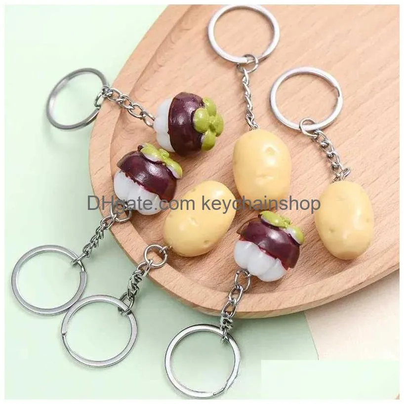 Keychains & Lanyards 2Pcs Cute Mini Food Keychain Potato Mangosteen Model Key Backpack Pendant For Friends Gifts R231005 Drop Deliver Dhqag