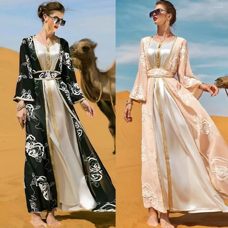Ethnic Clothing 2 Pieces Set Open Abaya Embroidery Sleeveless Maxi Dress Outfits Muslim Women Kimono Jalabiya Belted Kaftan Dubai