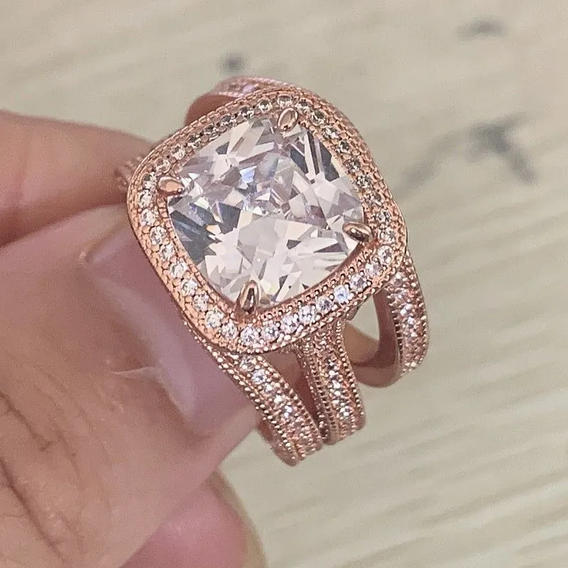 2020 Arrival Vintage Fine Jewelry 925 Sterling SilverRose Gold Cushion Shape White Topaz CZ Diamond 3PCS Wedding Ring2687405