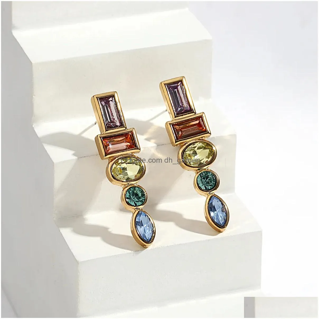 Hoop & Huggie Elegant Rainbow Color Crystal Long Drop Earrings For Women Gold Plated Fine Jewelry Gift Brincos Aretes Access Dhgarden Dhsn5