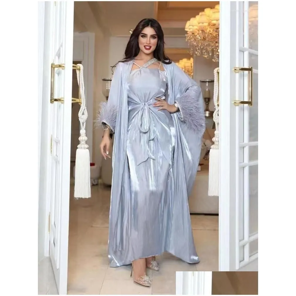 Ethnic Clothing Morocco Muslim Dress 3 Piece Set Abaya Kaftans Feather Evening Dresses Women Dubai Turkey Islam Long Robe Femme Drop