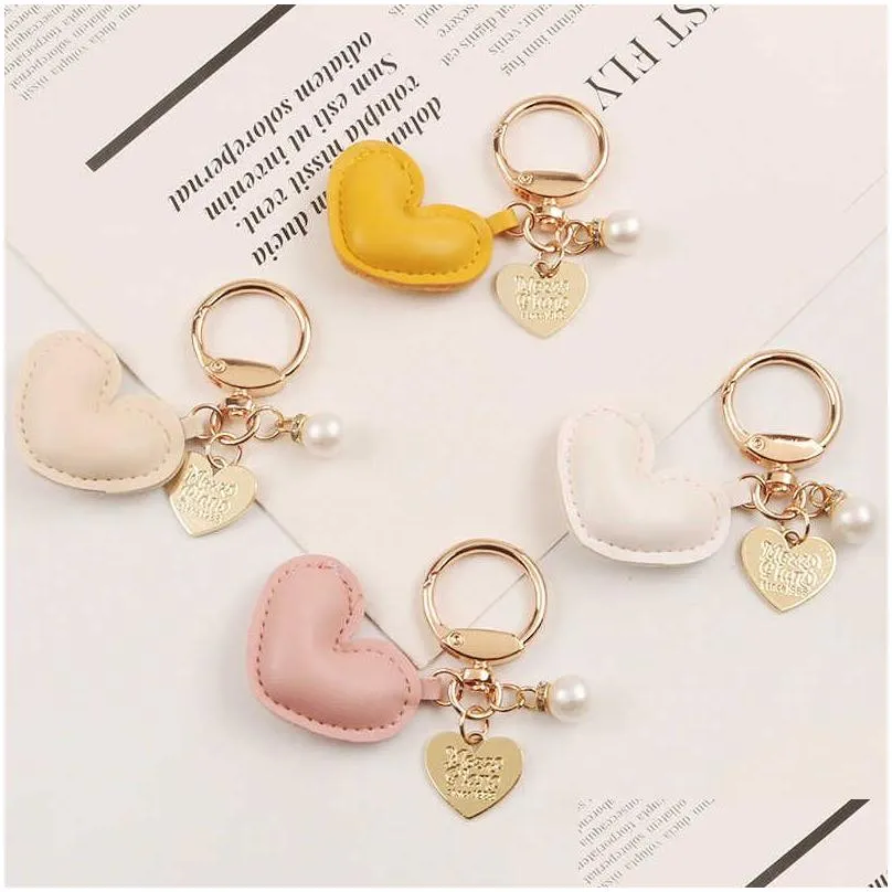 Keychains & Lanyards Fashion Heart Leaer Keychain Metal Gold-Color Tag Pearl Key Ring Bag Pendant Accessories For Women Holder Jewelr Dhjbo
