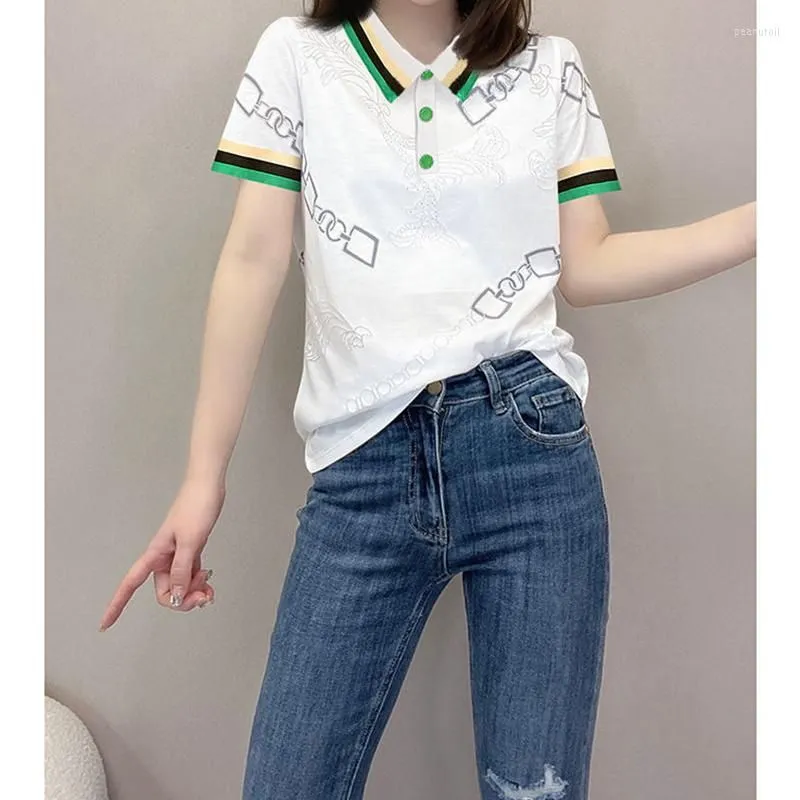 Women`s T Shirts Women Clothes Cotton Loose Office Lady Letter Polo T-shirt Summer Simple Trend Tops Ladies Casual All-match Fashionable