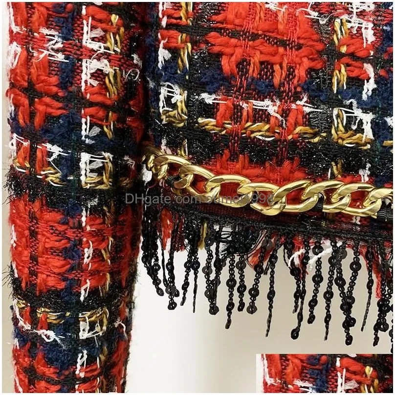 Women`S Jackets Womens June Lips High Street 2023 Classic Designer Long-Sleeved Red Plaid Jacket Fringed T Drop Delivery Apparel Cloth Dhuoh