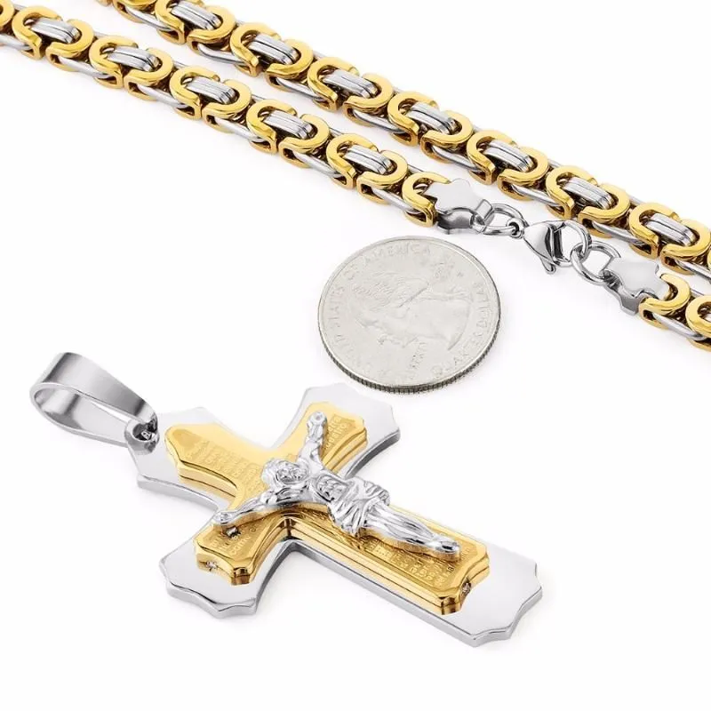 Multilayer Christ Jesus Pendant Necklace Stainless Steel Link Byzantine Chain Heavy Men Jewelry Gift 21.65