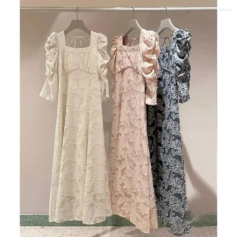 Party Dresses Neploe Jacquard Bubble Sleeve Japanese Elegant Square Neck Vestido Feminino 2024 French Style Backless Lace Up Robe