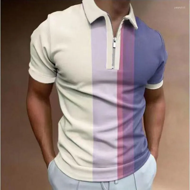 Men`s Polos 2023 Men Polo Shirts Summer High Quality Casual Daily Short Sleeve Striped Mens Turn-Down Collar Zippers TEES