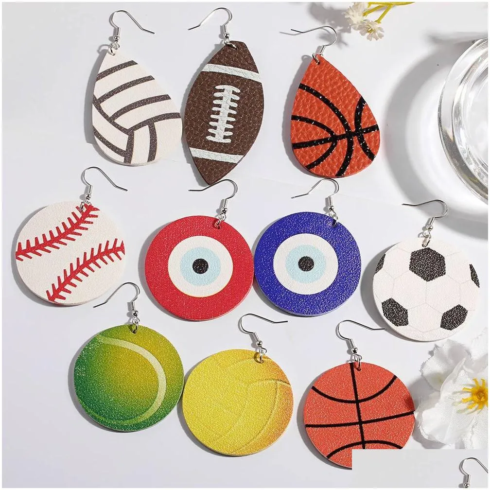 Dangle & Chandelier New Fashion Statement Sports Style 3D Basketball Football Tennis Rugby Printed Pendant Earring Creative Leather C Dhjoc