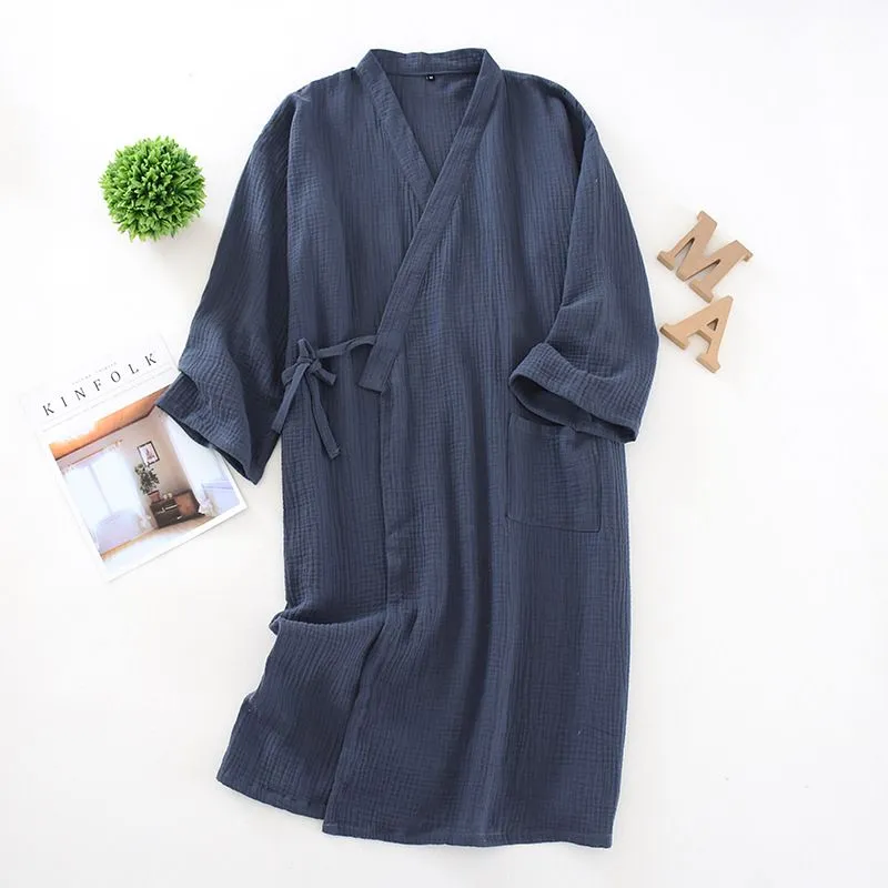 Men`s Kimono Nightgown Cotton Crepe Mens Robe Loose Bathrobe Male Blue Grey Cardigan Home Wear Clothes Sleepwear Men Robe