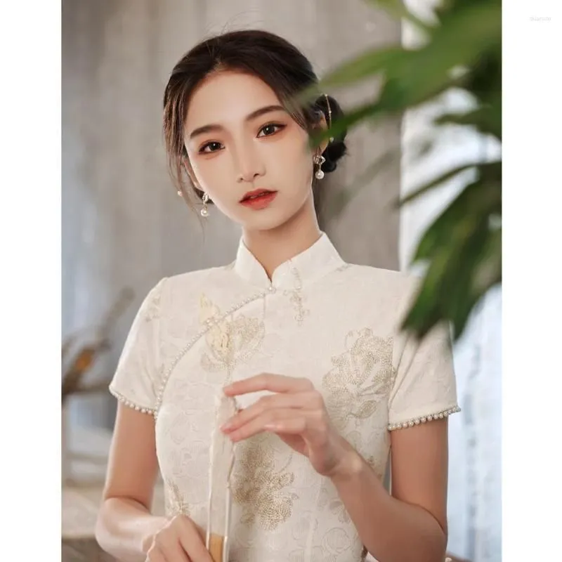 Ethnic Clothing Classic Elegant White Female Qipao Vintgae Mandarin Collar Lace Flower Cheongsam Sexy Split Vestidos Traditional