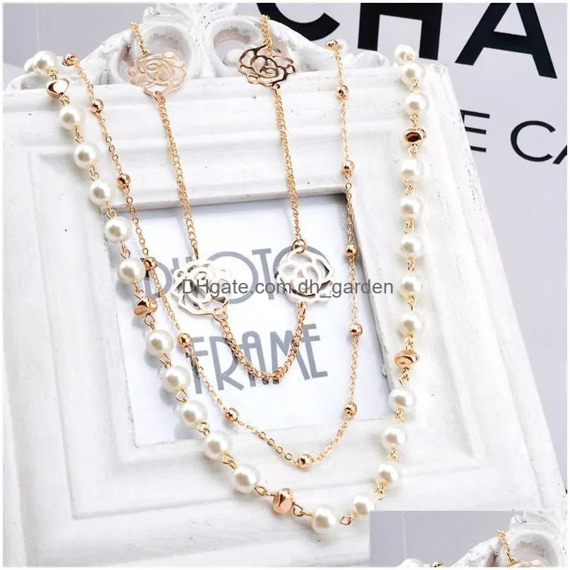 Strands, Strings New Bohemian Mti Layer Chain Strands Long Necklaces For Women Vintage Gold Hollow Flower Pearl Sweater Neck Dhgarden Dhuuz