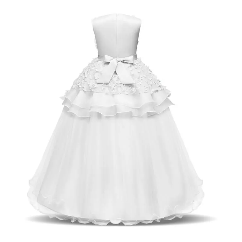 Girl`s Dresses Summer Flower Princess Girl Tulle Dress Teenagers For Short Sleeve Clothes Children Prom Gown White