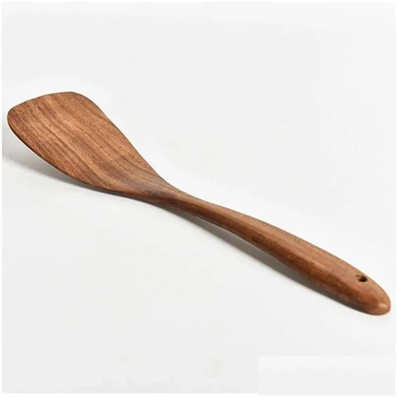 Spoons Teak Wood Tableware Spoon Colander Long Handle Wooden Non-Stick Special Cooking Spata Kitchen Tool Utensils Kitchenware Gift Db Dhkpa